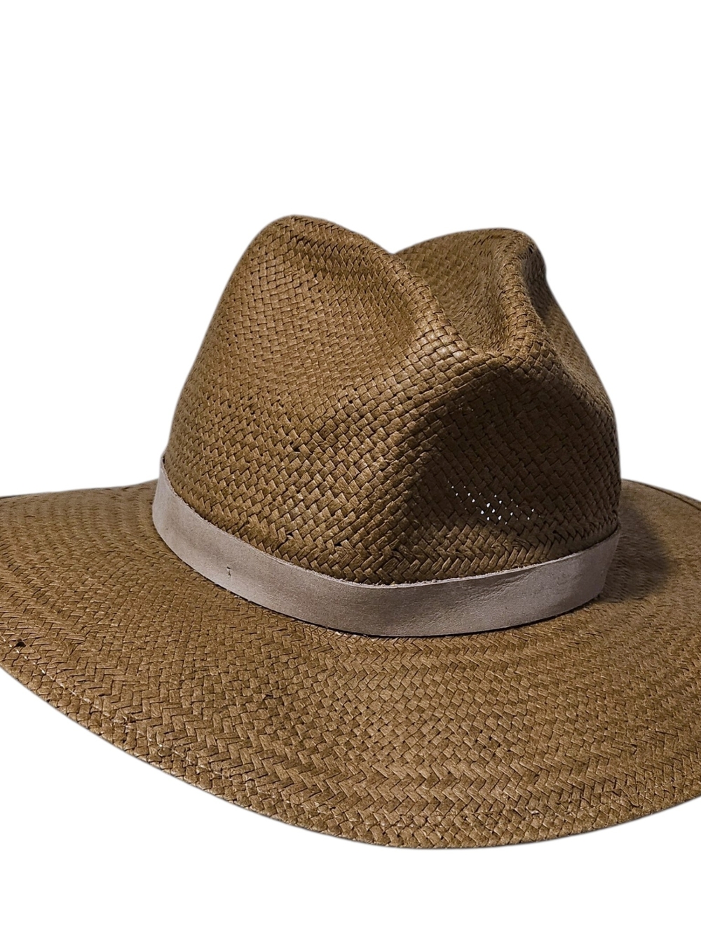 Janessa Leone Brown Straw Fedora with Grey Leather Band XL